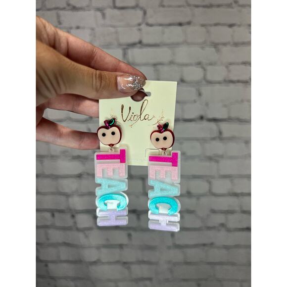 Gold-Tone "Teach" Acrylic Earrings - Picture 2 of 4